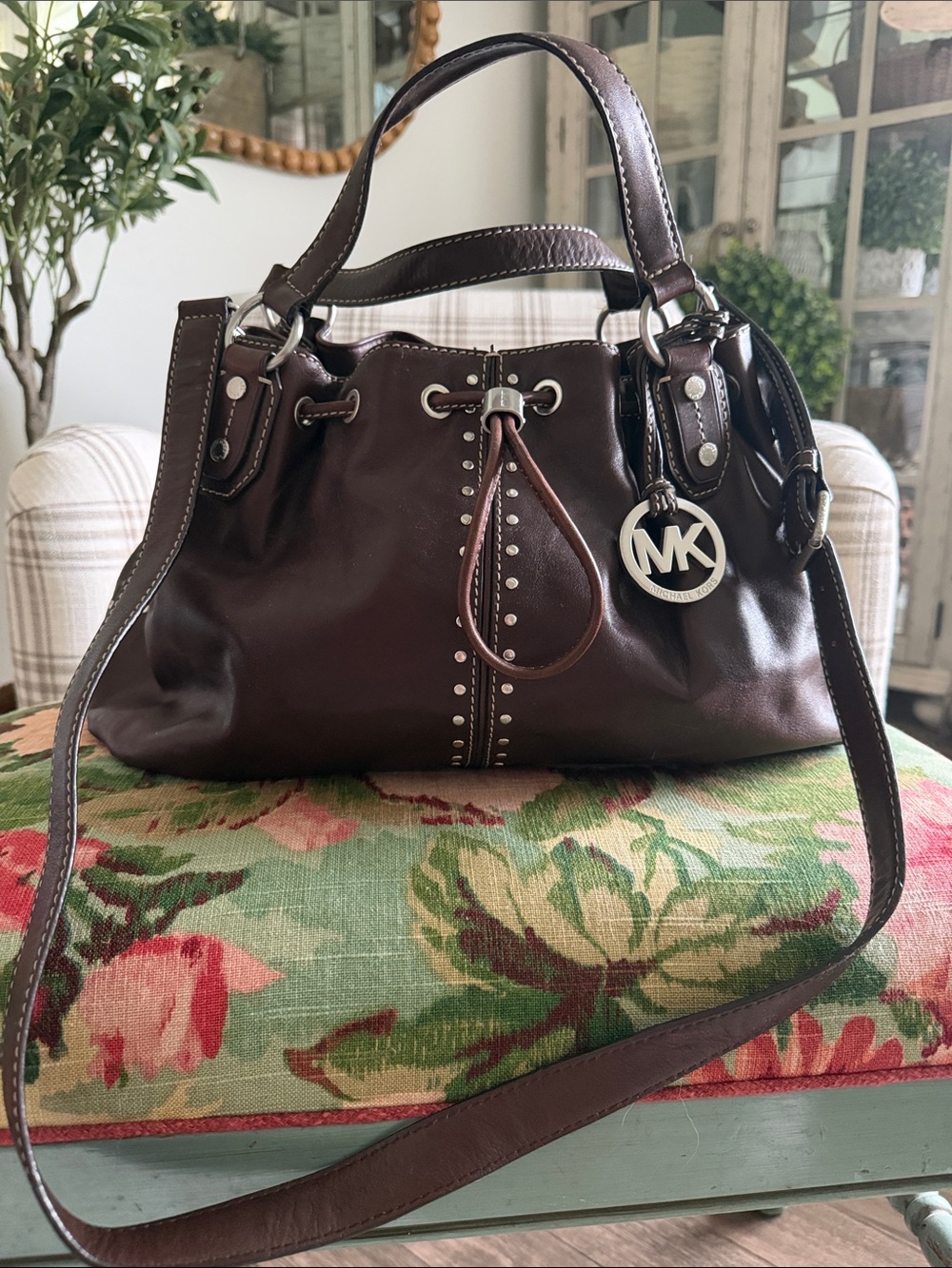 Michael Kors Dark Brown Leather Shoulder Bag with MK Charm